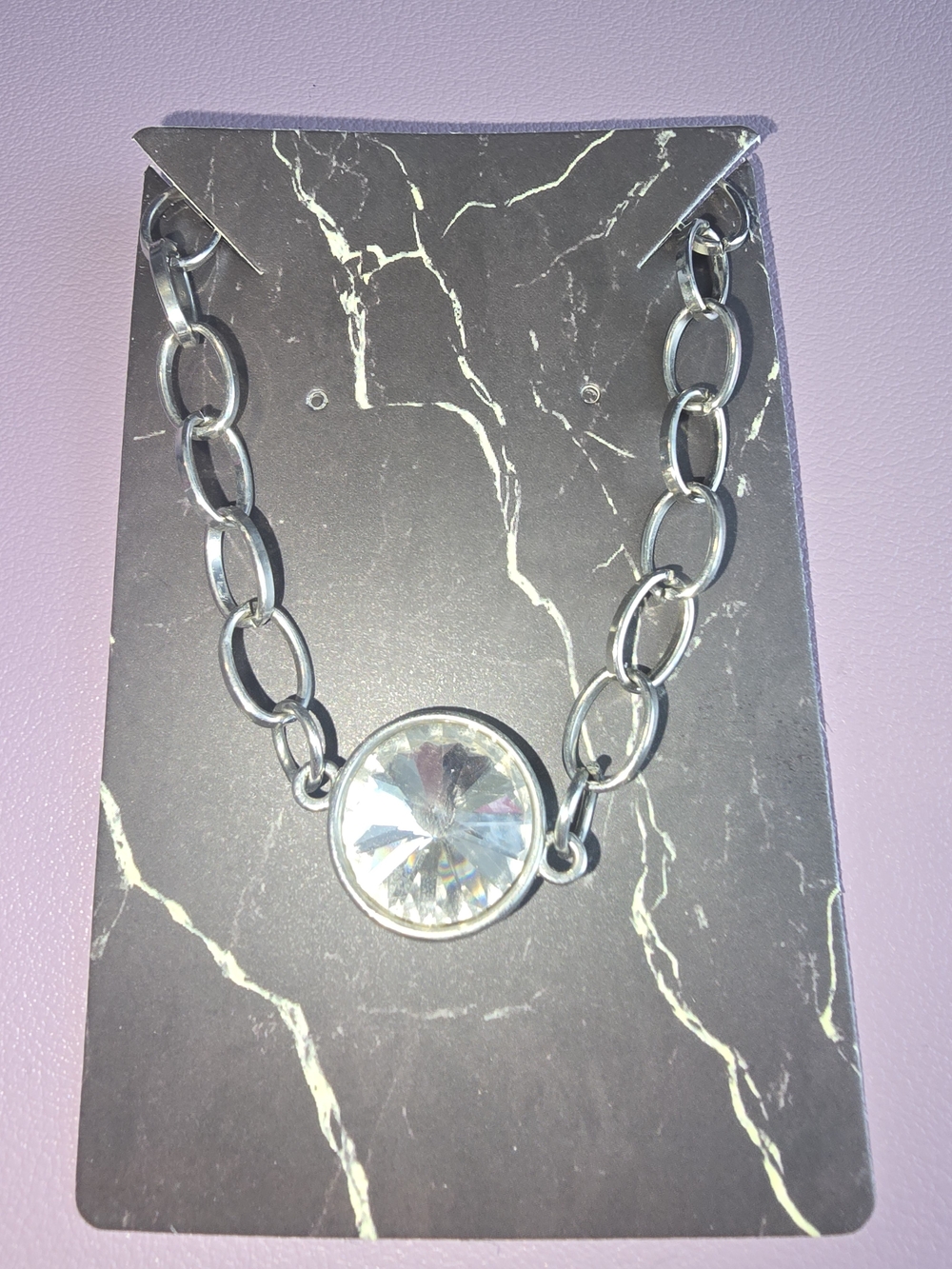 Silver-tone Chain Bracelet with Clear Crystal Center, Like New, Toggle Closure